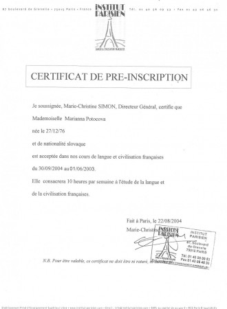 Certifikát z francúžtiny